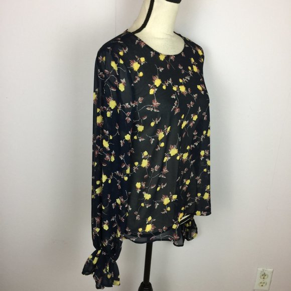 New! Lush Blouse Top Size M Black Yellow Floral Print Sheer Chiffon Long Sleeve - Picture 2 of 15
